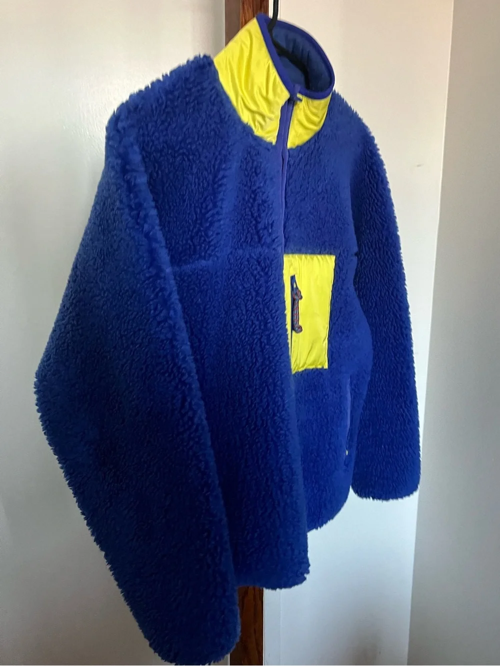 Tory Sport Blue Sherpa Puffer Jacket with Yellow Accents
